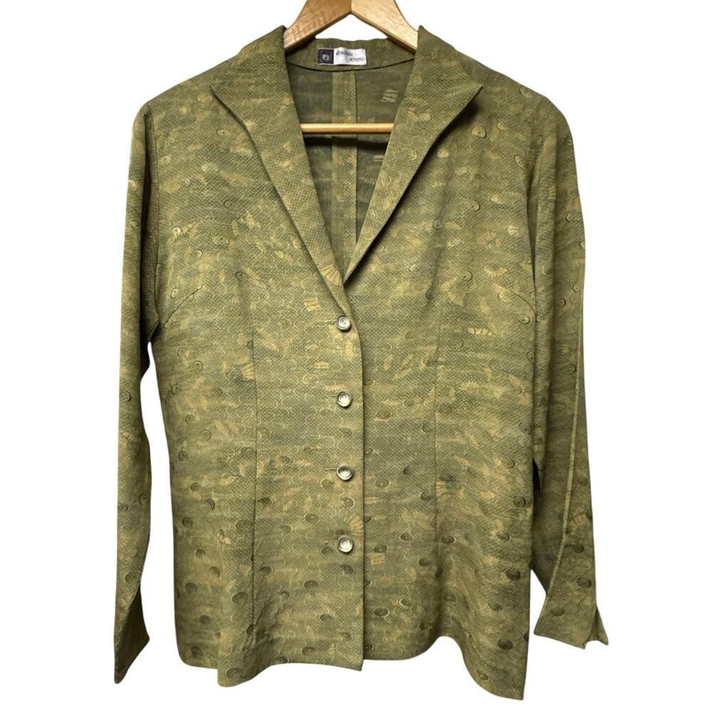 Reborn Kyoto Size Medium Silk Olive Green Blazer Jacket Jacquard Print Upcycled